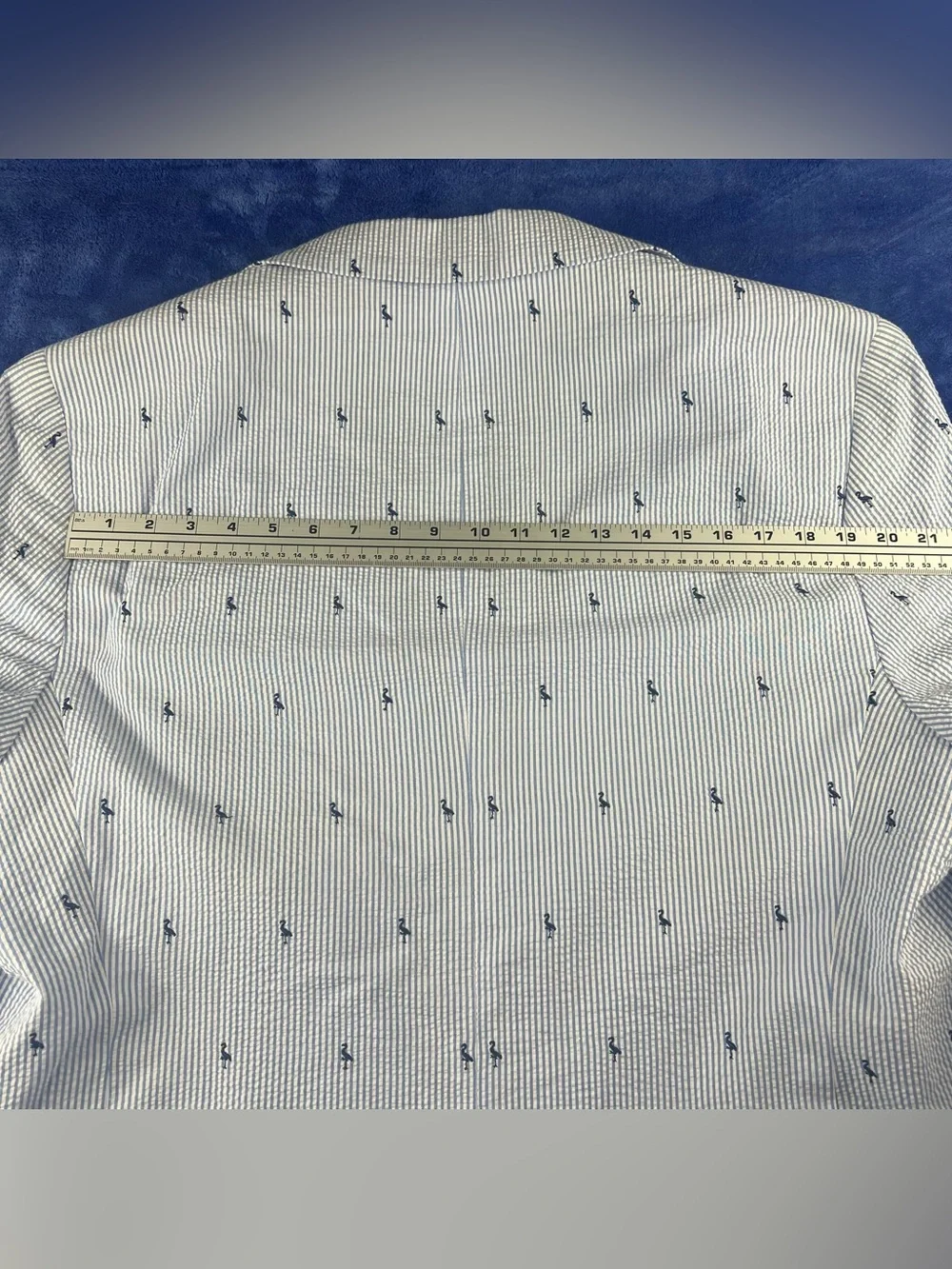 Tailorbyrd Mens Blazer 48R Seersucker Cotton Blue White Embroidered Flamingo